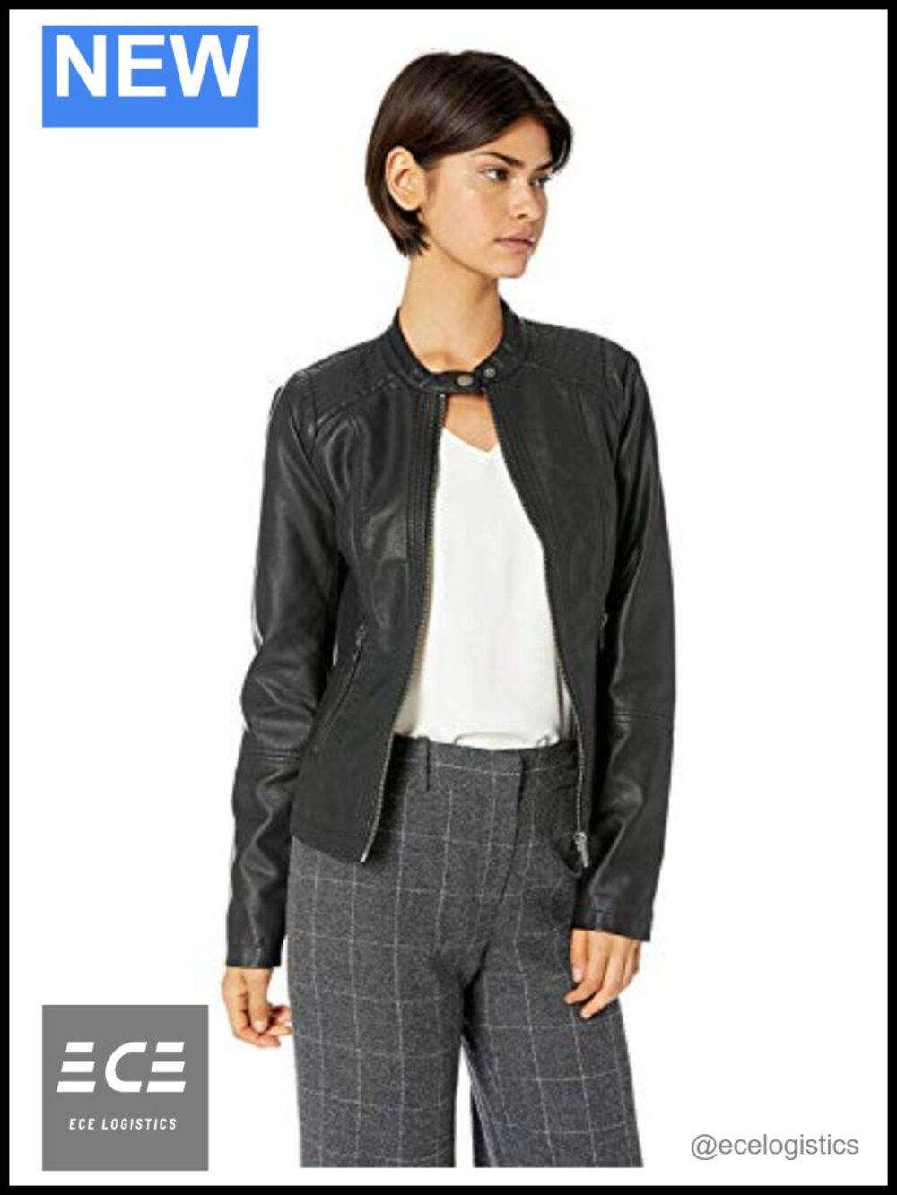 Faux Leather Moto Jacket with Zip Pockets and Stitch Detail
